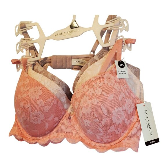 NWT LAURA ASHLEY SZ 36C 3 Pack Comfort Push-Up Bras Pink & Taupe Lace - Picture 2 of 9